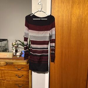 Striped Knit Dress - Black, White, and Burgundy